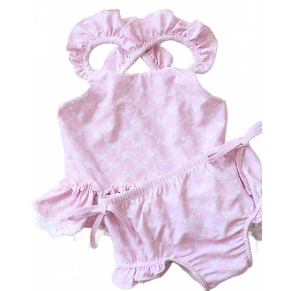 NEW CHARLIES PROJECT girls pink bonnet bows 2 piece swimsuit in pink/ white